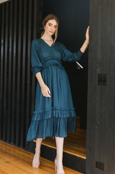 Dresses Teal Women Willa Sleeved Ruffle Dress In Teal Now Bohme
