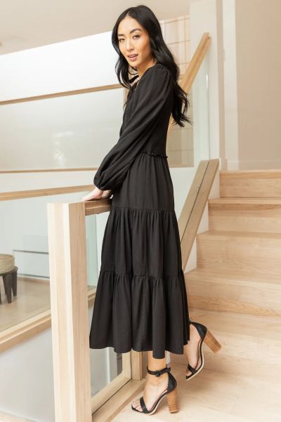 Women Smocked Tiered Midi Dress In Black Dresses Black Shop Bohme