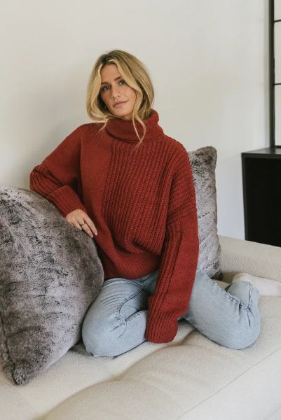 Women Catherine Turtleneck Sweater In Brick Tops Brick Solid Bohme