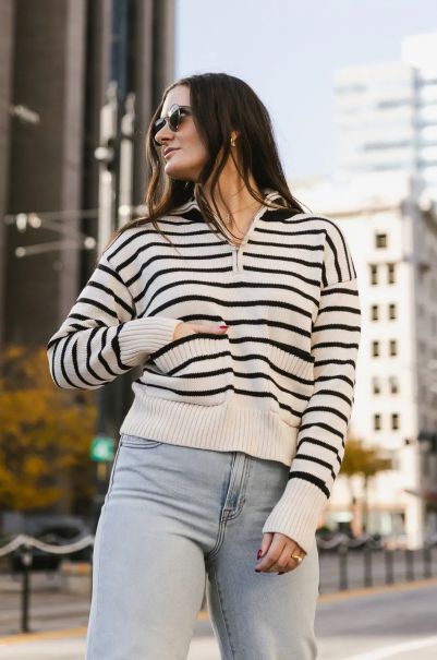 Quarter Zip Striped Sweater Practical Women Ivory Bohme Tops