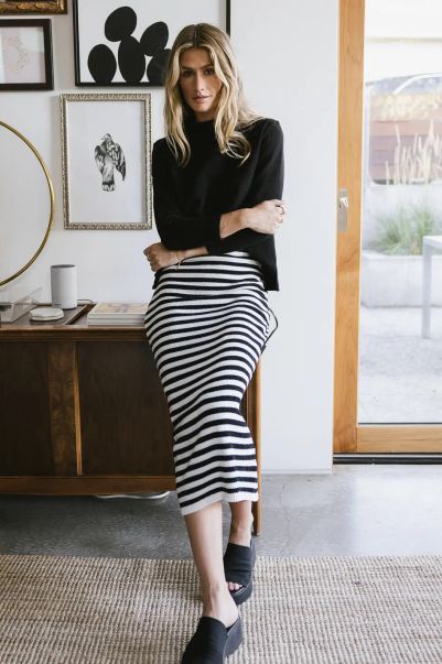 Modern White Lily Striped Knit Skirt Women Skirts Bohme